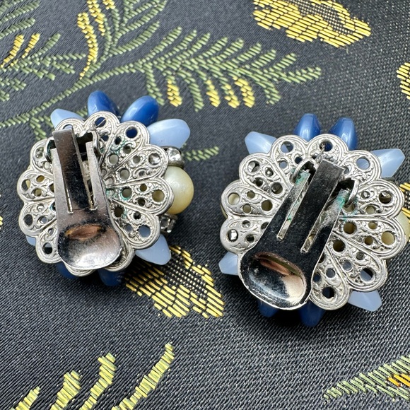 Vintage light blue and blue faux pearl with rhinestone clip earrings - Picture 4 of 5